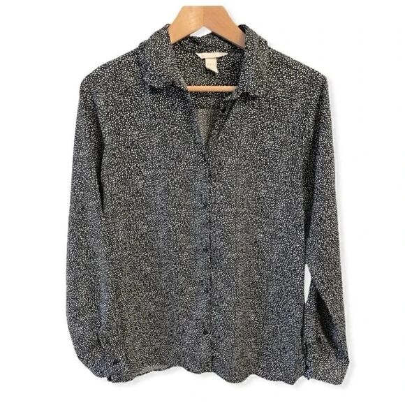 H&M Black & White Painted Dots Button Down Long Sleeves Ruffle Collar Tee Shirt - Picture 1 of 3